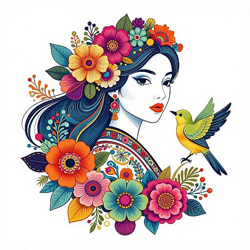 Vibrant digital illustration of a fair-skinned woman with blue hair, adorned with colorful flowers, feeding a yellow-green bird. White background.