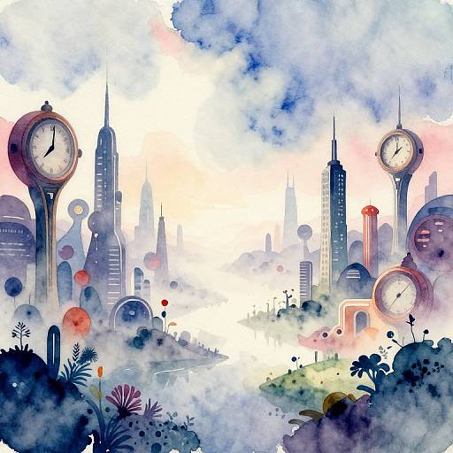 Watercolor-style digital drawing of a futuristic cityscape with tall skyscrapers, clock towers, floating balloons, and vibrant flowers in the foreground.