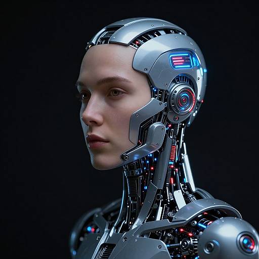 Photorealistic CGI of a human-like cyborg with a metallic head and neck, featuring blue and red LED lights, against a black background.