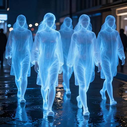 Photograph of glowing blue translucent figures in raincoats walking on a wet city street at night, illuminated by neon lights.