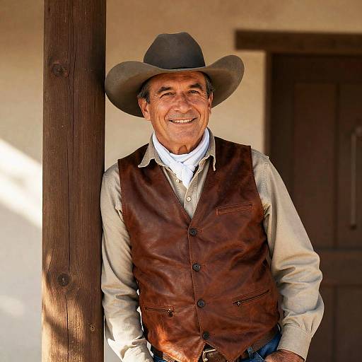 Cheerful Cowboy by the Rustic Post