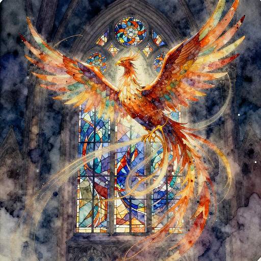 Abstract Watercolor Obsidian Cathedral with Phoenixes