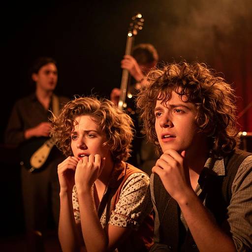 Photograph of a 1970s rock band; two curly-haired, expressive musicians in foreground, guitarist in background with electric guitar, warm stage lighting