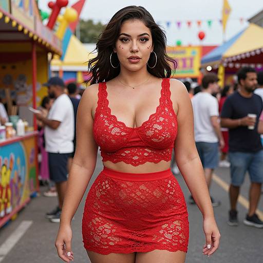 Photograph of a curvy Latina woman with long black hair, wearing a red lace crop top and matching skirt, standing confidently at a colorful, busy