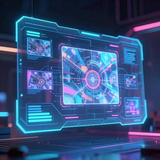 Neon-lit, futuristic holographic display with glowing blue, purple, and pink interfaces showing maps and data in a dark, high-tech room.