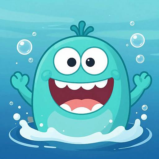 Cartoon blue fish-like creature with large eyes and sharp teeth, splashing in underwater scene with bubbles, arms raised in joy.