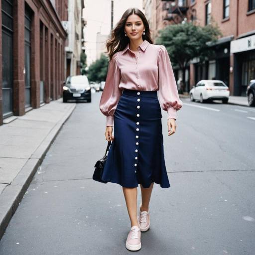 Woman in Silk Blouse and Navy Skirt Walking on Urban Street