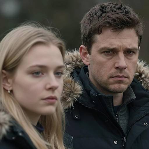 Photograph of a serious-looking Caucasian man with short brown hair and a blonde woman with long hair, both wearing black winter coats with fur hoods,