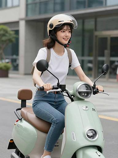 Woman Riding Mint Green Scooter in Plaza