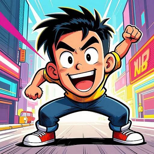 Cartoon-style drawing of a determined, spiky-haired boy in a yellow shirt and blue jeans, fists raised, smiling, in a vibrant, neon
