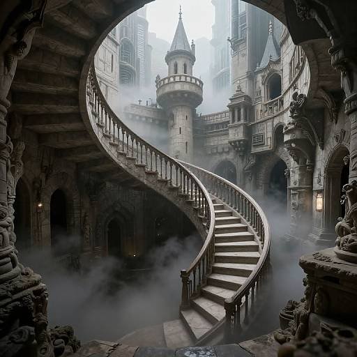 Photograph-like CGI of a misty, Gothic castle interior with a spiraling wooden staircase leading to a central, towered turret. Dark, textured