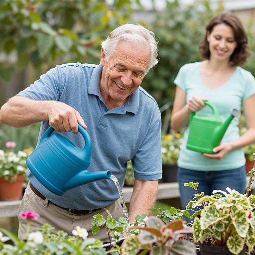 Joyful Senior Man Watering Garden