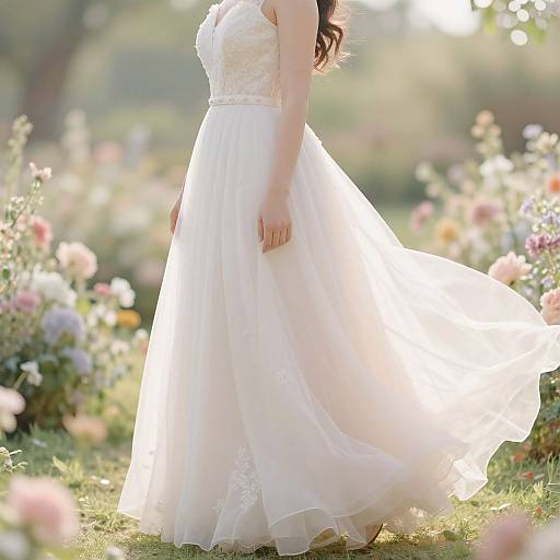 Photograph of a woman in a flowing white lace sleeveless dress, standing in a sunlit garden filled with colorful flowers.