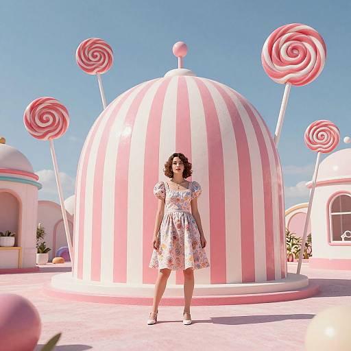 Photorealistic CGI: Curly-haired woman in floral dress stands in front of giant pink-and-white striped dome with oversized candy lollipops,