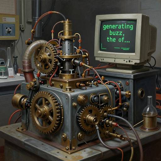 Photograph of a vintage, industrial steam-powered machine with brass gears and red wires, connected to an old CRT monitor displaying 