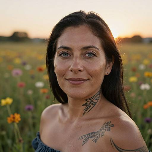 Photograph of a smiling woman with long black hair, blue eyes, and visible tattoos, standing in a colorful meadow at sunset.