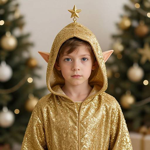 Photograph of a young boy with brown hair wearing a glittery gold elf costume with pointed ears and a star on the hood, standing in front of