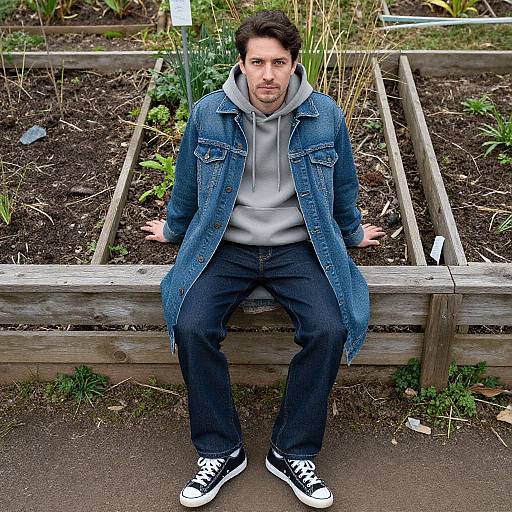 Photograph of a man with short brown hair, wearing a denim jacket, gray hoodie, black jeans, and black-and-white sneakers, sitting on a