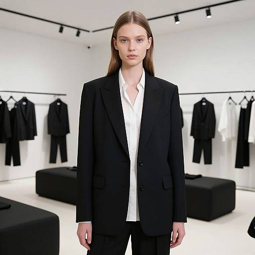 Photograph of a tall, slender woman with light skin and straight brown hair, wearing a black blazer over a white shirt, standing in a minimalist