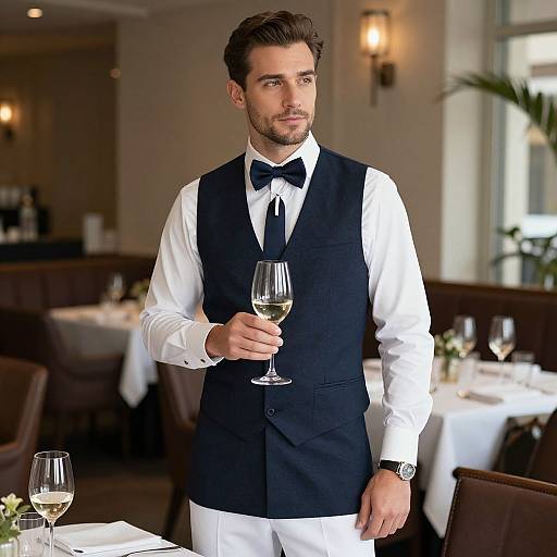 Photograph of a handsome, bearded male waiter in a black vest and bow tie, holding a glass of white wine, in a dimly lit