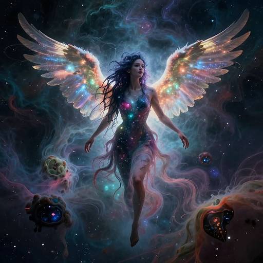 Digital artwork: Angelic woman with glowing, multicolored wings floats in a cosmic, smoky background, surrounded by ethereal, glowing orbs.