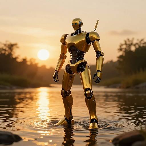 Golden robot standing in shallow water during sunset, with a serene, reflective river and tree silhouettes in the background.