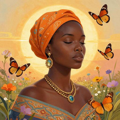 Digital artwork of a dark-skinned African woman in an orange headscarf, adorned with gold jewelry and turquoise earrings, surrounded by butterflies and colorful flowers