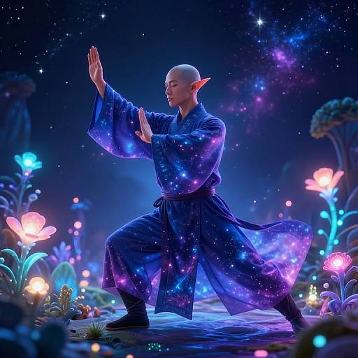 Digital artwork of a bald, elf-like martial artist in a blue, galaxy-patterned robe, performing a stance among glowing, colorful flowers in a star