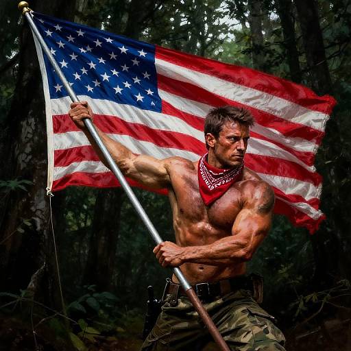 Muscular, shirtless man with dark hair, red bandana, and camouflage pants holds a large American flag in a dark forest. Photorealistic