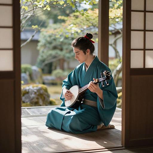 Photograph of a young Japanese woman in a teal kimono, playing a shamisen, seated on a wooden floor, framed by shoji doors,