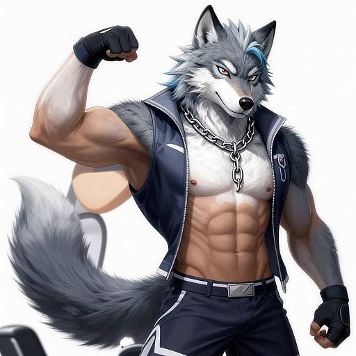 Anthropomorphic muscular wolf with gray fur, blue highlights, flexing arm, wearing black sleeveless vest, chain necklace, gloves, and pants;
