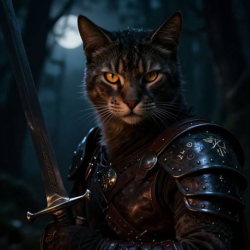 Photorealistic digital art of a fierce, armored tabby cat with glowing yellow eyes, holding a sword in a dark, moonlit forest.
