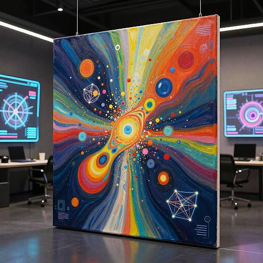Vibrant abstract painting with swirling colors, neon orbs, and geometric shapes, displayed in a modern gallery with digital screens.