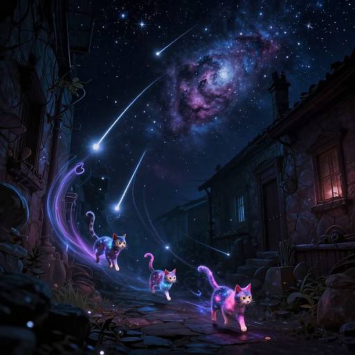 Digital artwork of glowing, neon-colored cats chasing a glowing trail through a dark, starry night street with a vibrant galaxy above.