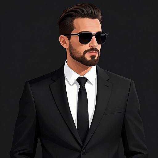 Photorealistic digital artwork of a handsome man with a dark beard and slicked-back hair, wearing a black suit, white shirt, black tie,