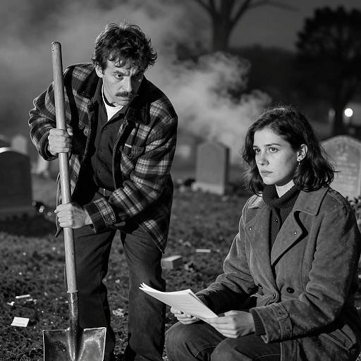Man Digging Grave with Woman Holding Papers in Cemetery at Night