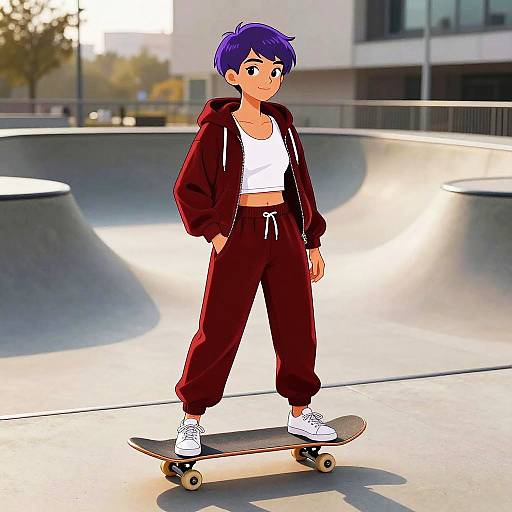 Female Skateboarder in Red Tracksuit