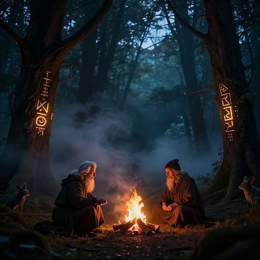 Photograph of two bearded men with white hair, sitting around a campfire in a dark, misty forest, with 