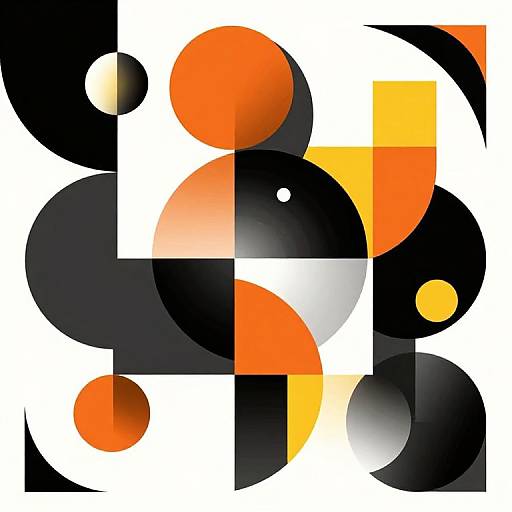 Abstract digital art featuring overlapping black, orange, yellow, and white circles and curved shapes on a white background.