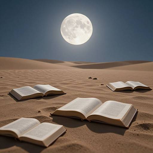 Photograph of four open books on a sandy desert under a bright full moon in a clear blue sky.