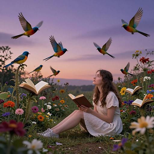 Photograph of a young woman in a white dress, reading in a colorful meadow at sunset, surrounded by flying rainbow parakeets and open books