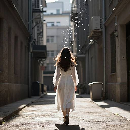 Photograph of a woman in a flowing white dress, long brown hair, walking down a shadowy, sunlit urban alley with sparkling particles trailing behind