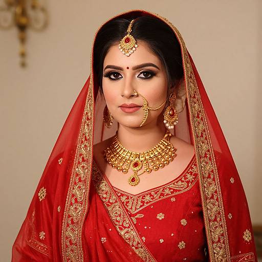 Photograph of an Indian bride in a red saree with gold embroidery, wearing traditional jewelry, including a maang tikka, nose ring, and