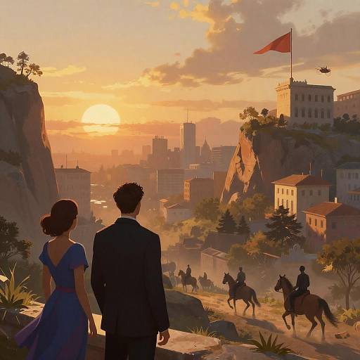 Dramatic Sunset Cityscape with Characters