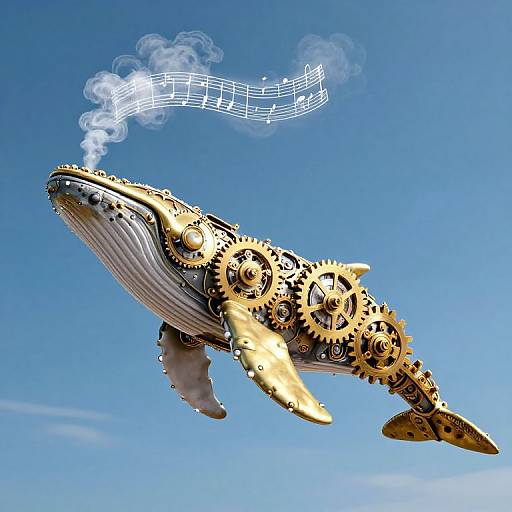 Clockwork Whale Soaring in Sky