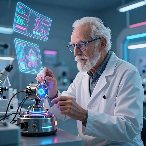 Elderly white scientist with white beard and glasses, wearing a white lab coat, adjusts a futuristic device emitting neon blue and pink holographic screens in