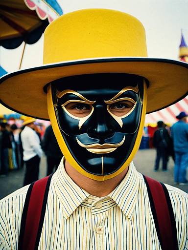 Man Wearing Yellow Hat and Black Mask at Carnival