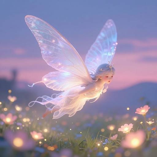 Glowing, ethereal fairy with translucent wings and delicate features flies over a field of blooming flowers at twilight. Digital artwork.