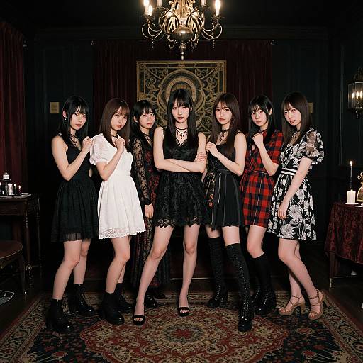 Photograph of seven Asian women in gothic, punk, and Lolita-inspired outfits, standing in a dimly lit, elegant room with a ch