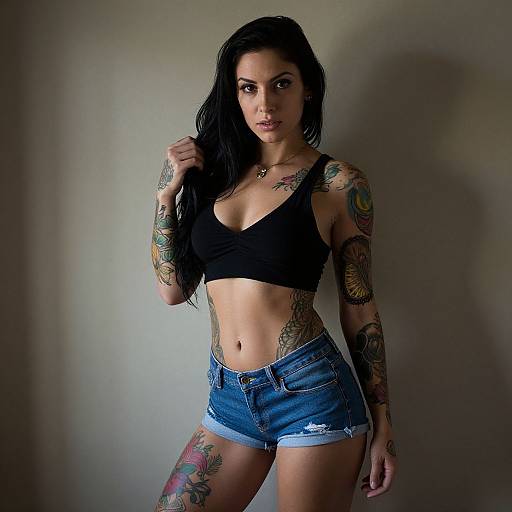 Tattooed Woman in Dimly Lit Room